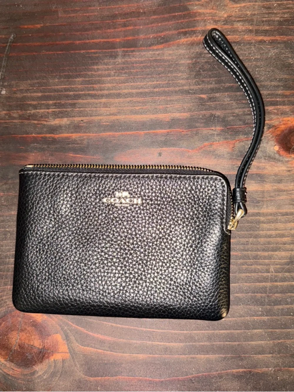Coach Black Pebbled Leather Wristlet with Gold Zip